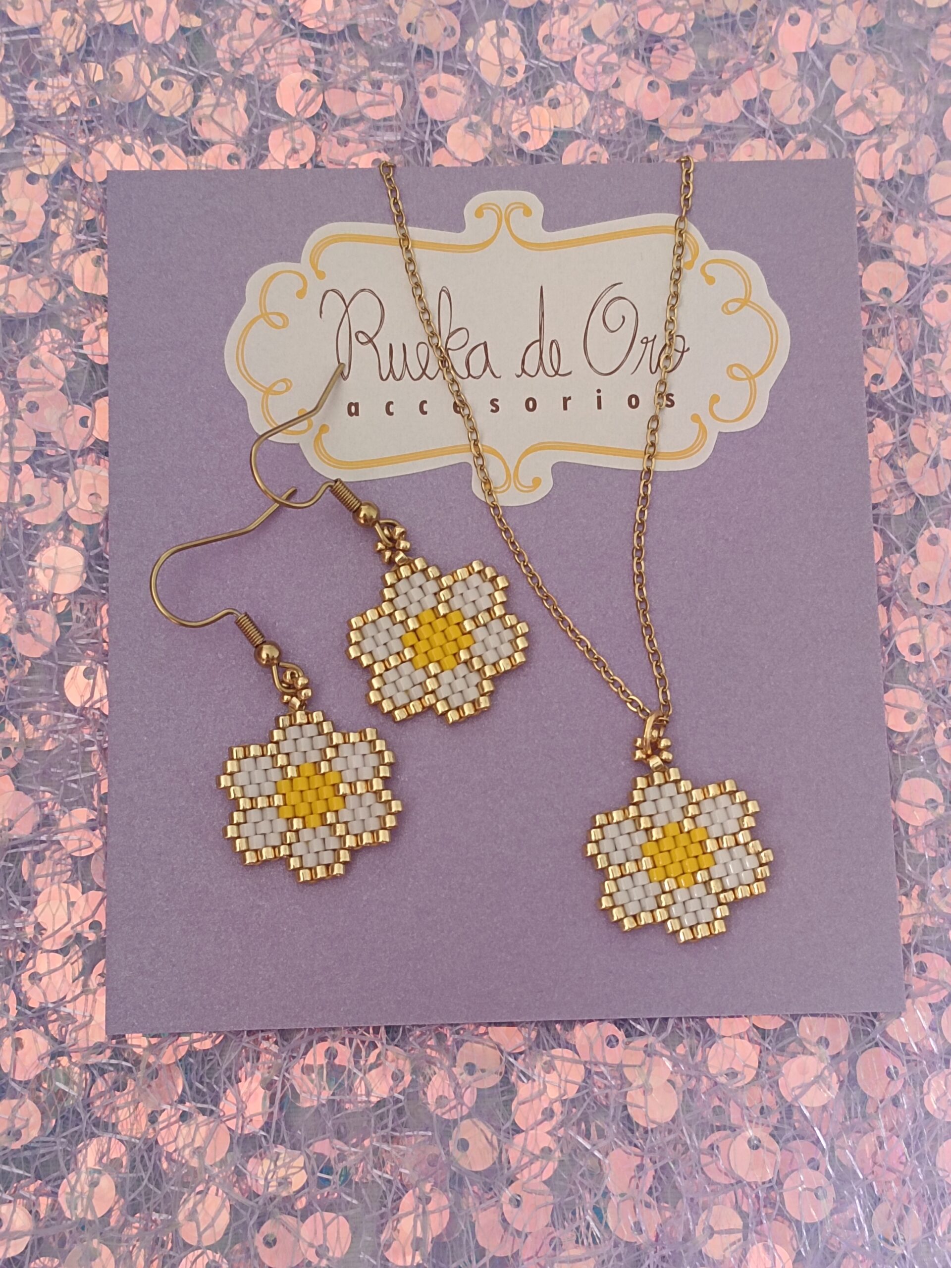 set aretes y cadena margaritas miyuki